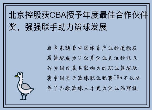 北京控股获CBA授予年度最佳合作伙伴奖，强强联手助力篮球发展